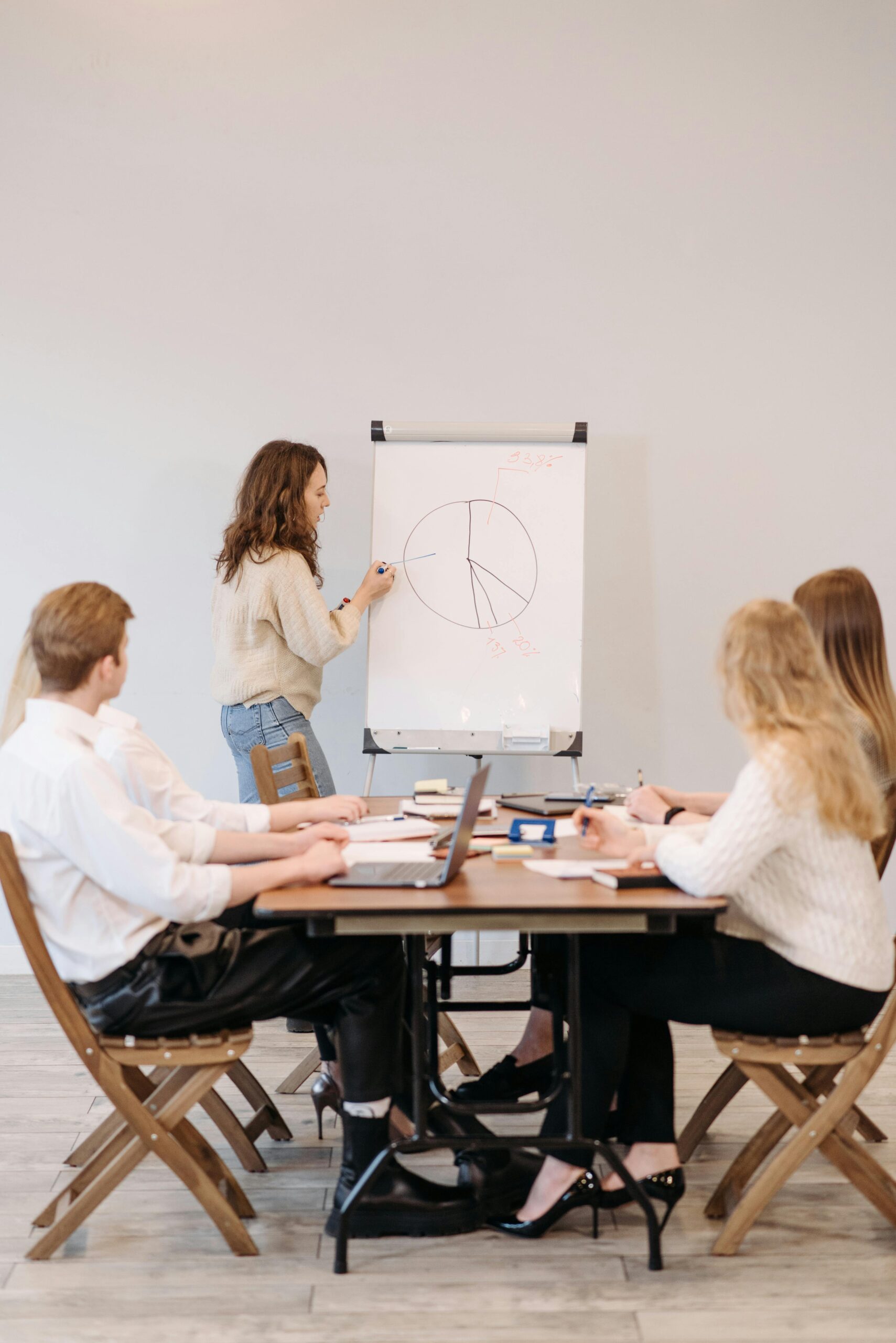 Group discussing business strategy with flipchart presentation in office meeting.